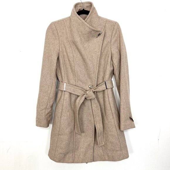 Calvin Klein Wool Blend Belted Trench Coat XXS Oatmeal Tan Single Button - Picture 13 of 14